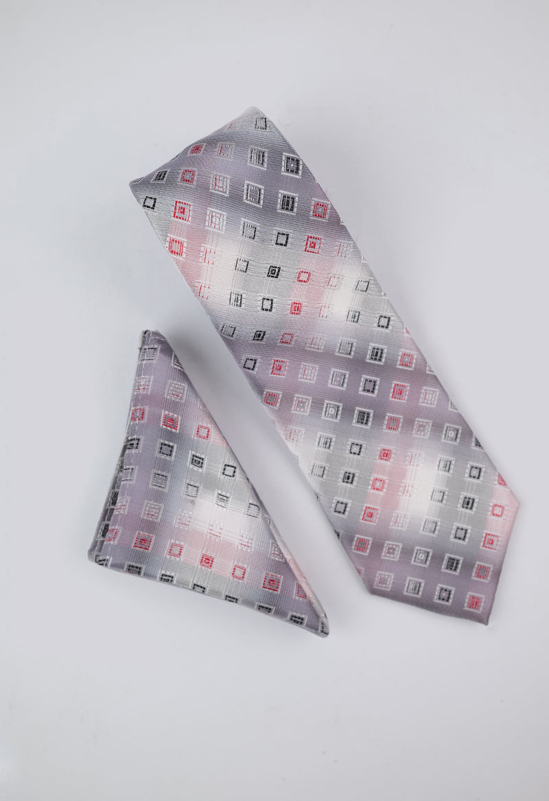 Silver Geometric Necktie & Pocket Square Set