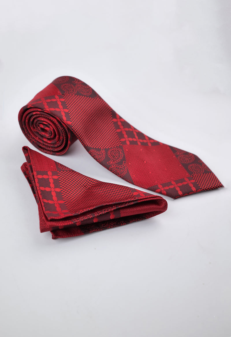 Crimson Patchwork Paisley Necktie & Pocket Square Set