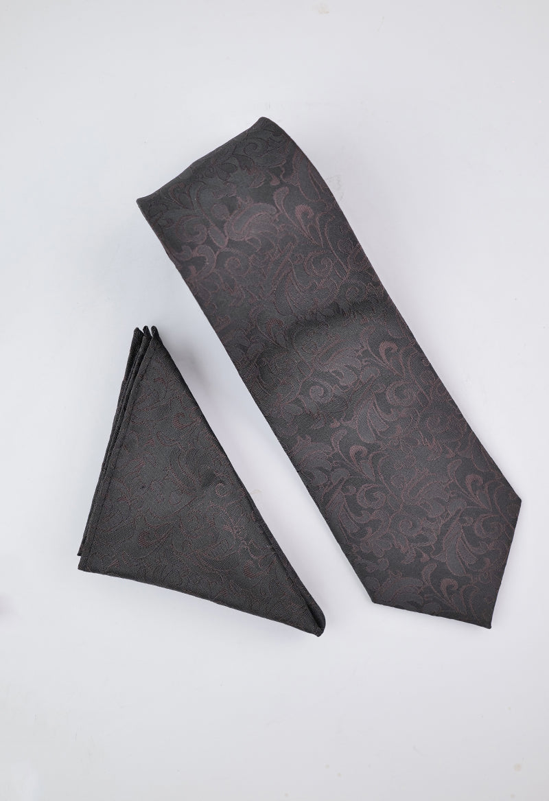 Charcoal Mocha Paisley Necktie & Pocket Square Set