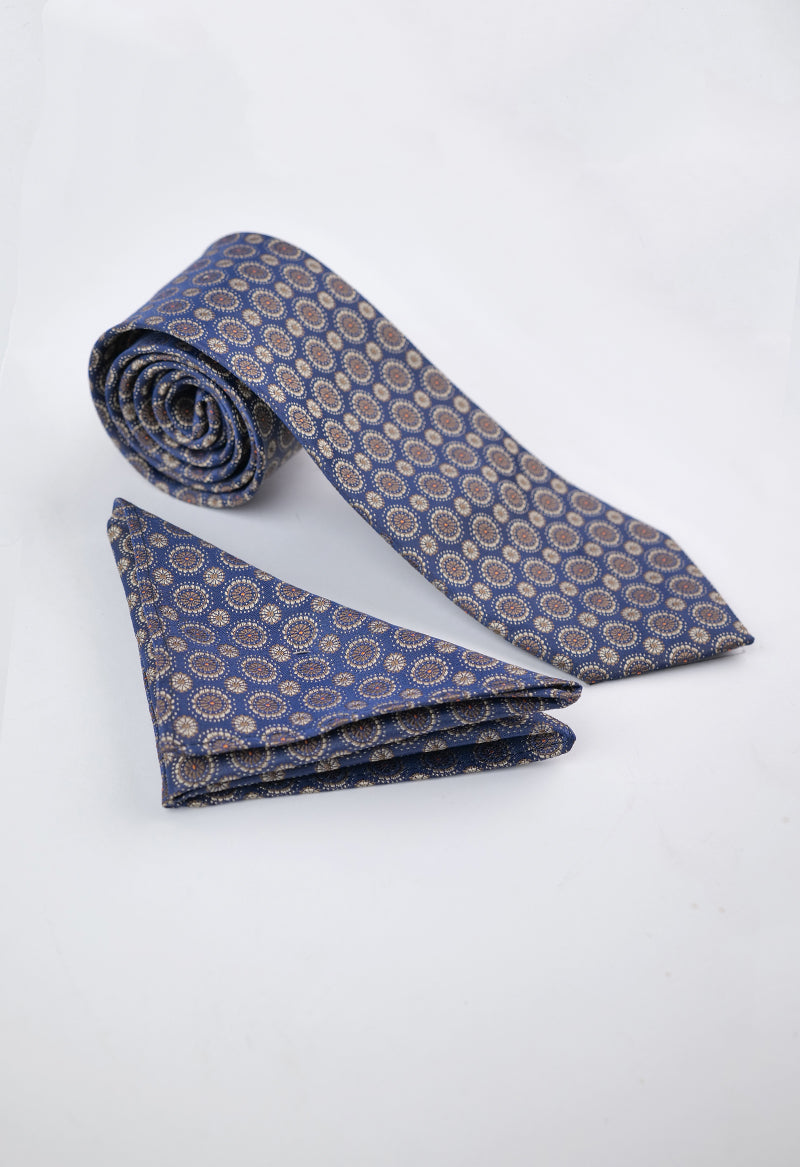 Navy Gold Medallion Necktie & Pocket Square Set