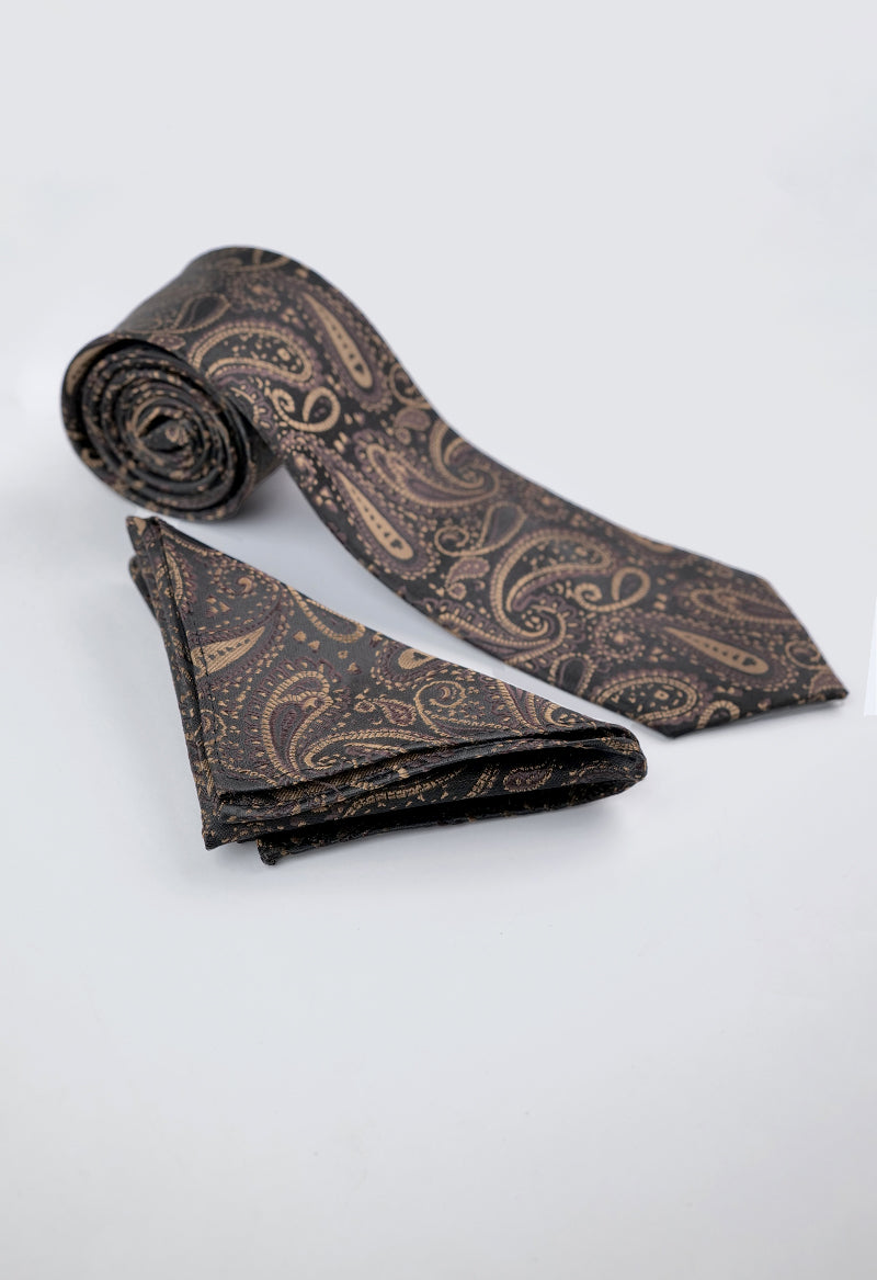 Brown Paisley Necktie & Pocket Square Set