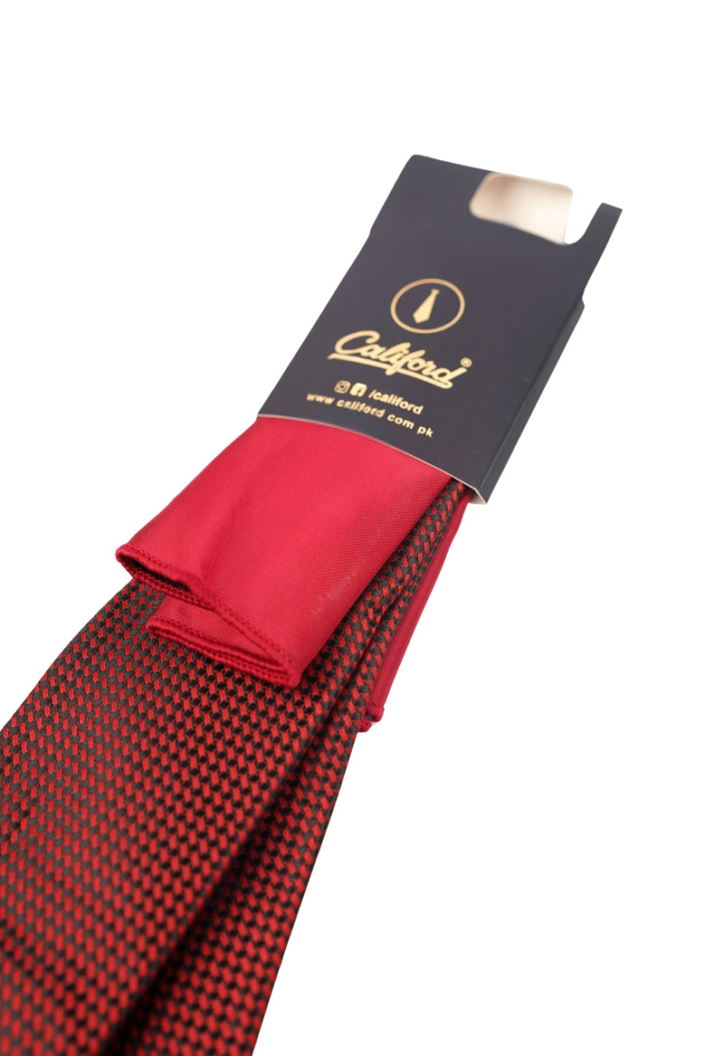 Red & Black Micro-Basketweave Necktie & Pocket Square Set