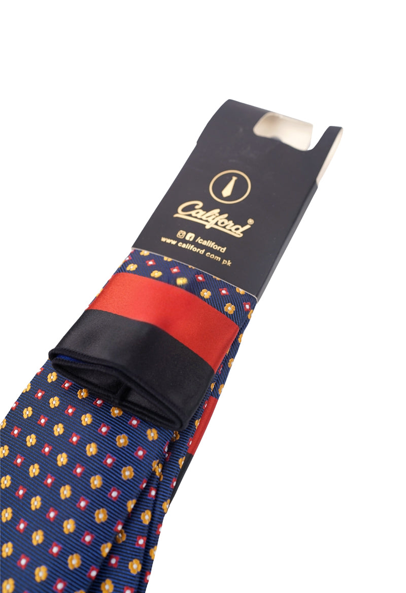 Navy Floral Geometric Necktie & Pocket Square Set