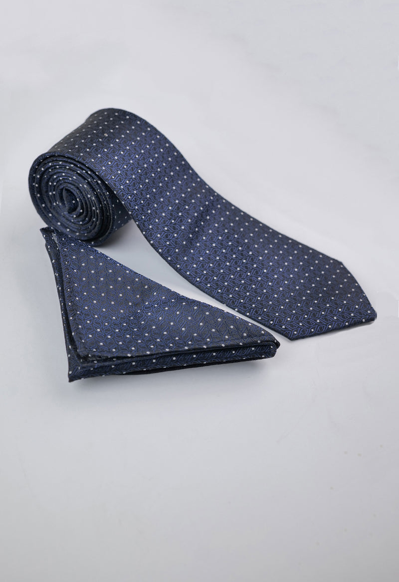 Midnight Navy Leaf Motif Necktie & Pocket Square Set