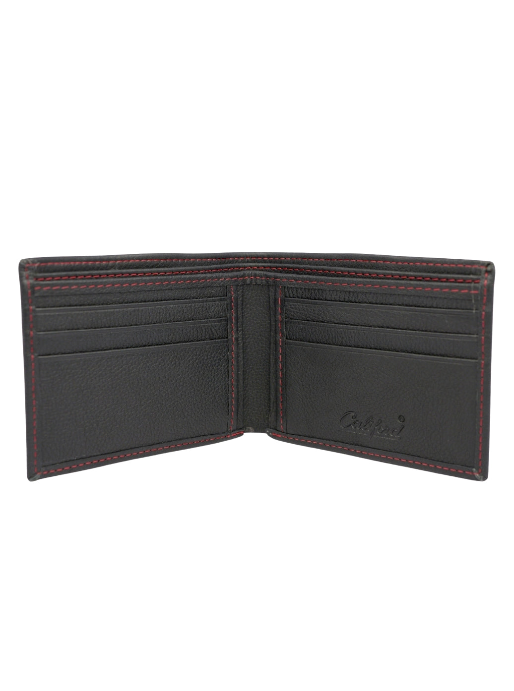 Califord Black Leather Bifold Wallet with Red Stitching