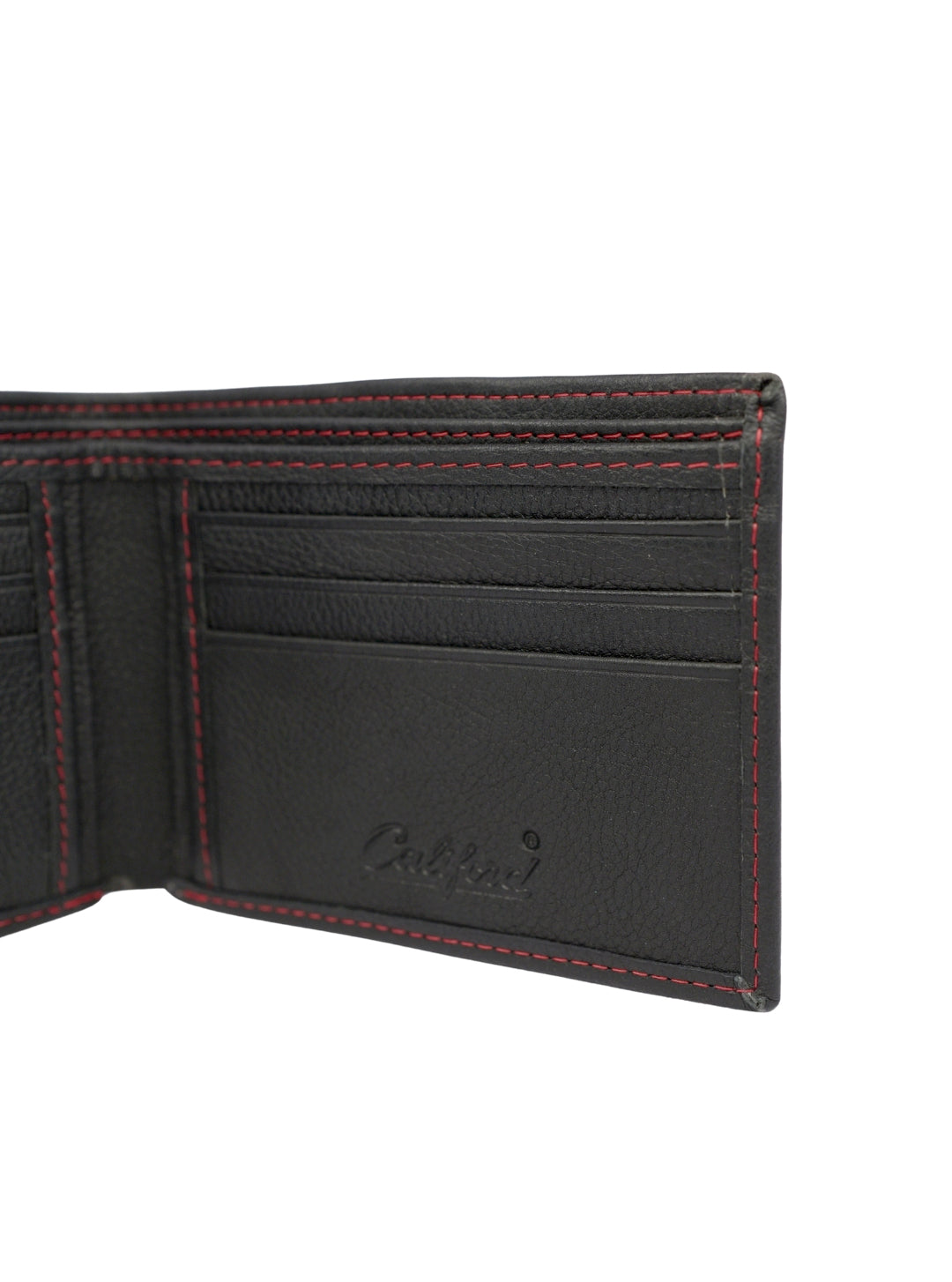 Califord Black Leather Bifold Wallet with Red Stitching