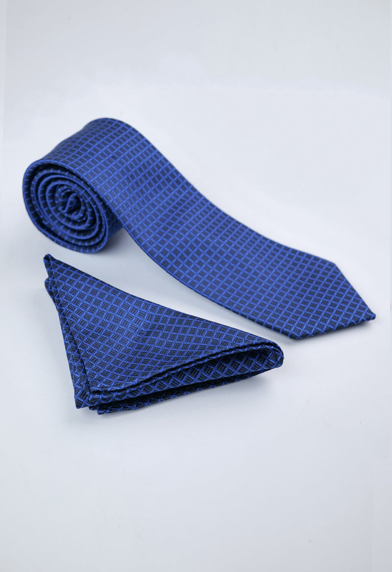 Royal Blue Grid Necktie & Pocket Square Set