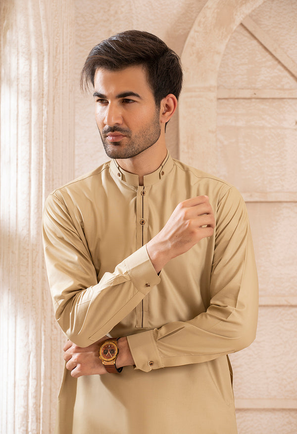 Khaki embroidered suit (Band collar) - Califord