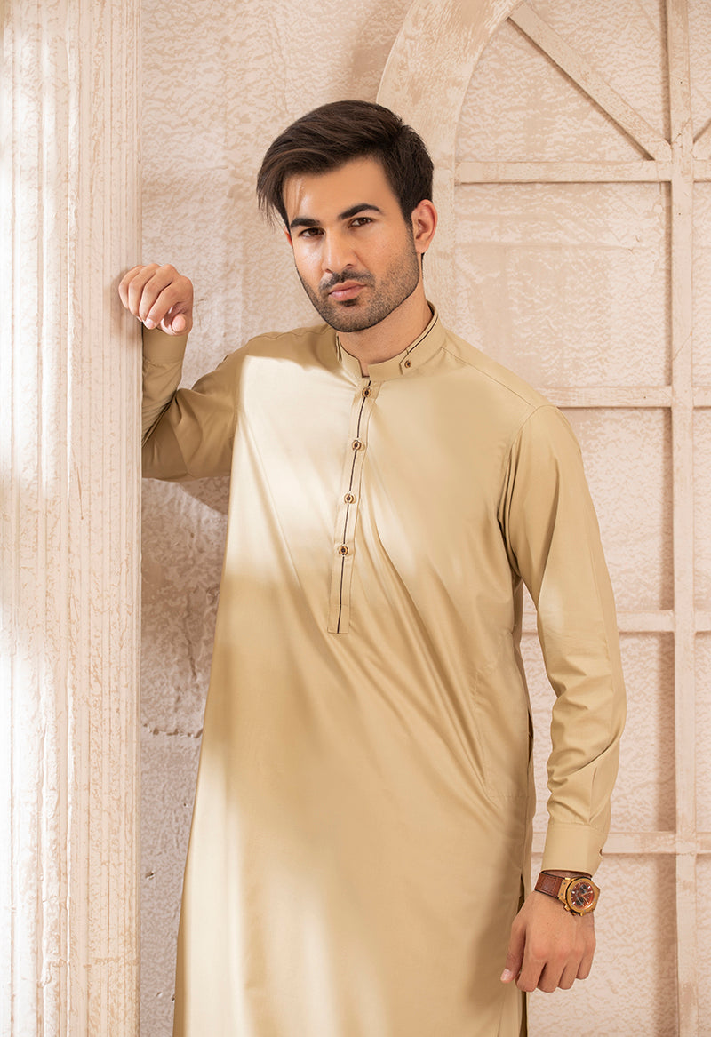 Khaki embroidered suit (Band collar) - Califord