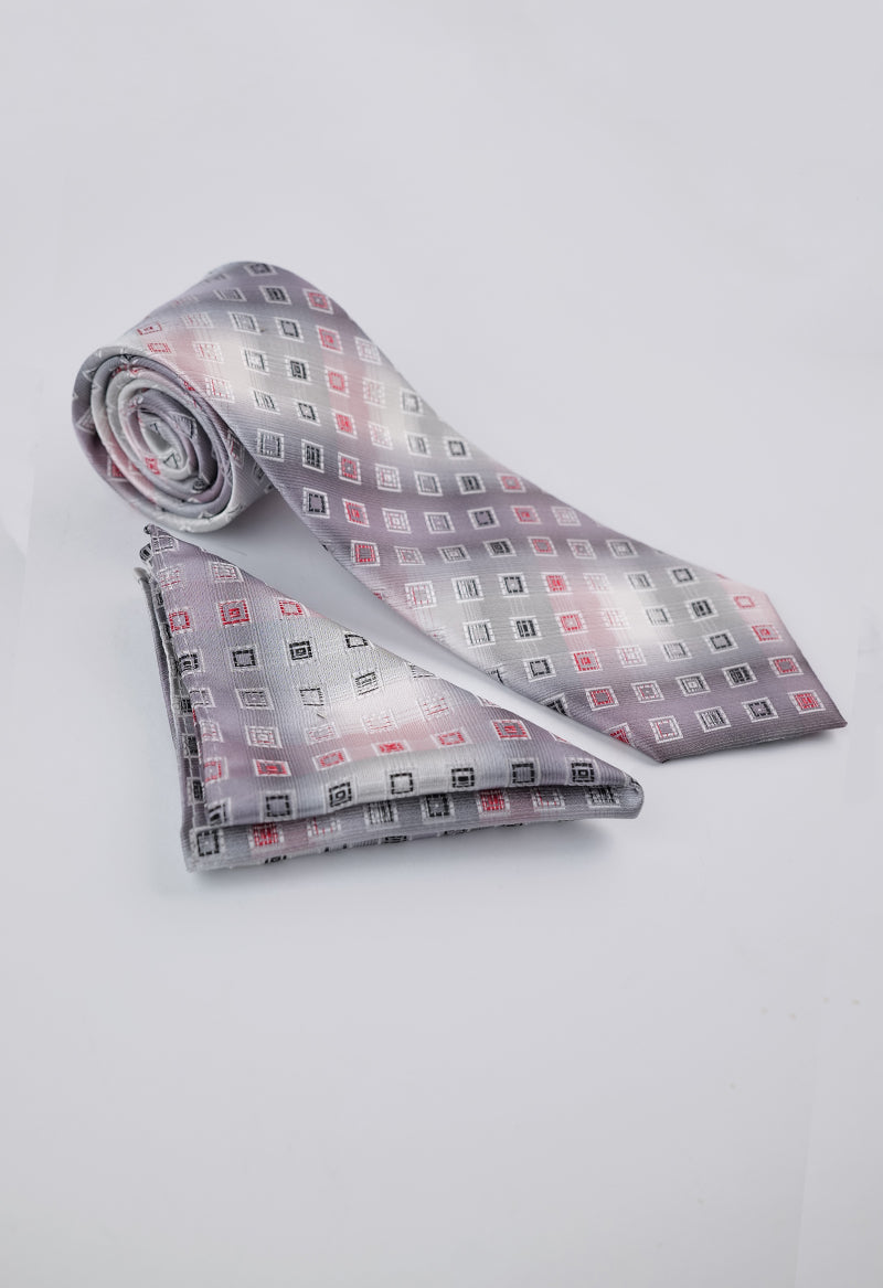 Silver Geometric Necktie & Pocket Square Set