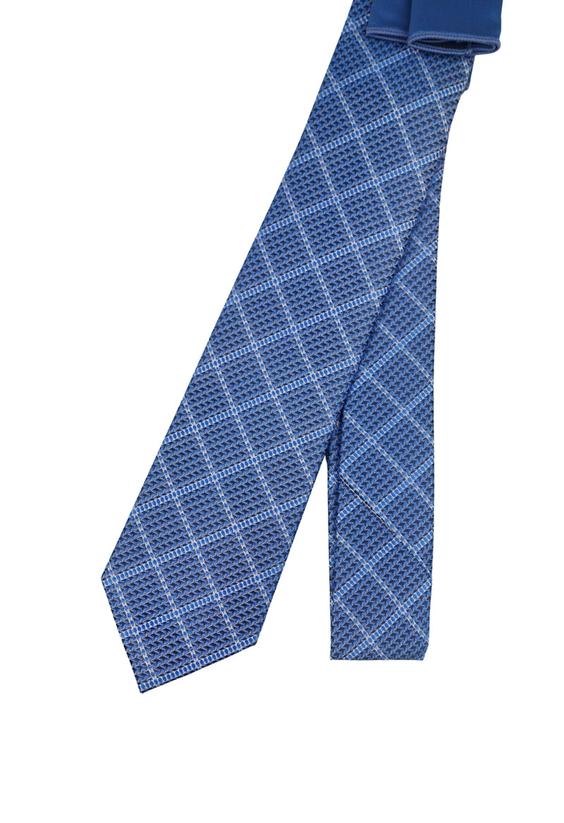 Blue Windowpane Check Necktie & Pocket Square Set