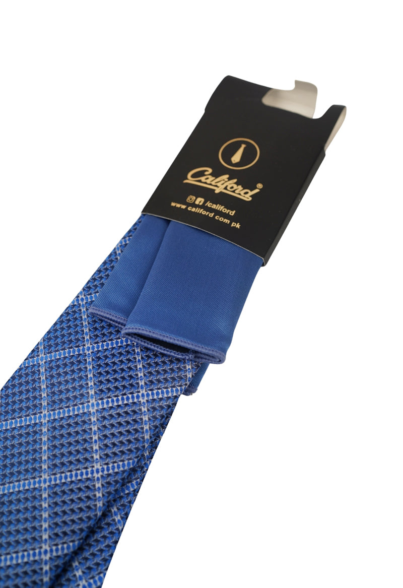 Blue Windowpane Check Necktie & Pocket Square Set