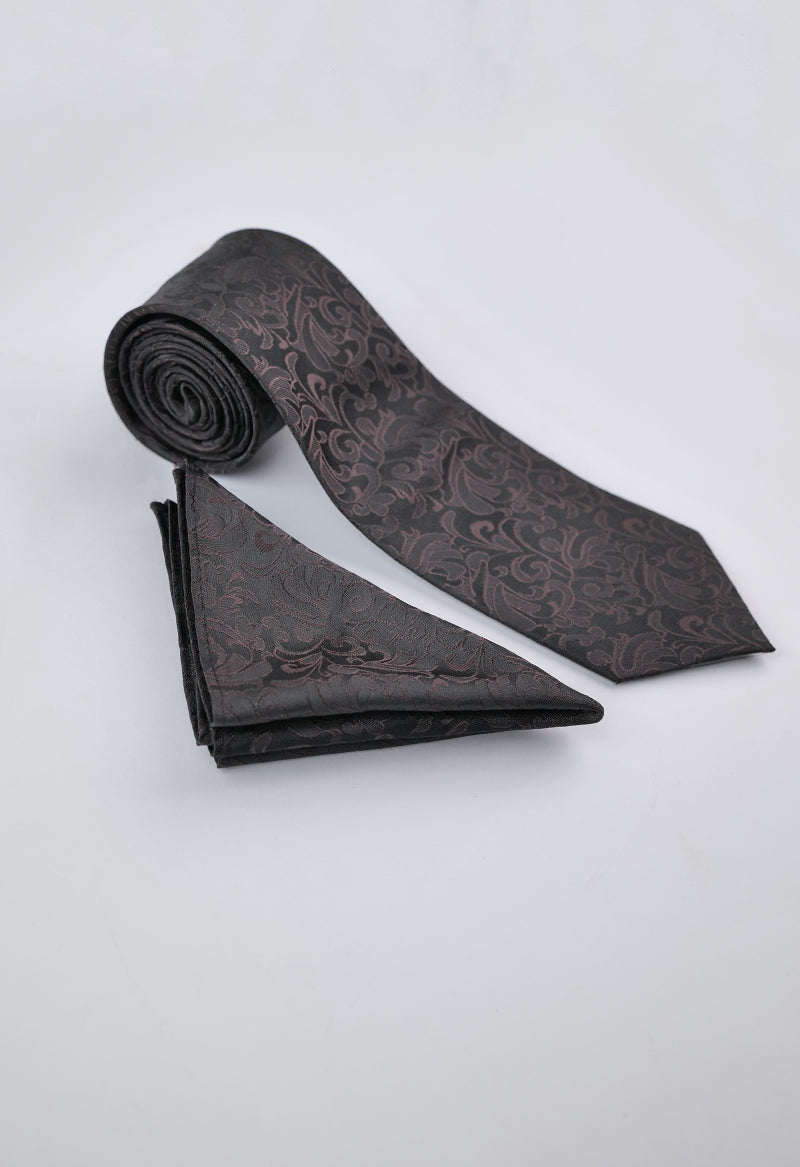 Charcoal Mocha Paisley Necktie & Pocket Square Set