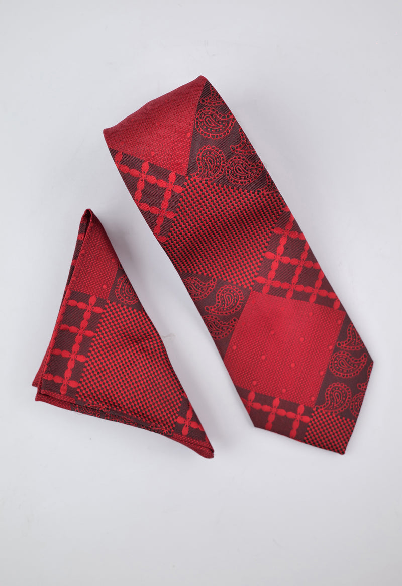 Crimson Patchwork Paisley Necktie & Pocket Square Set