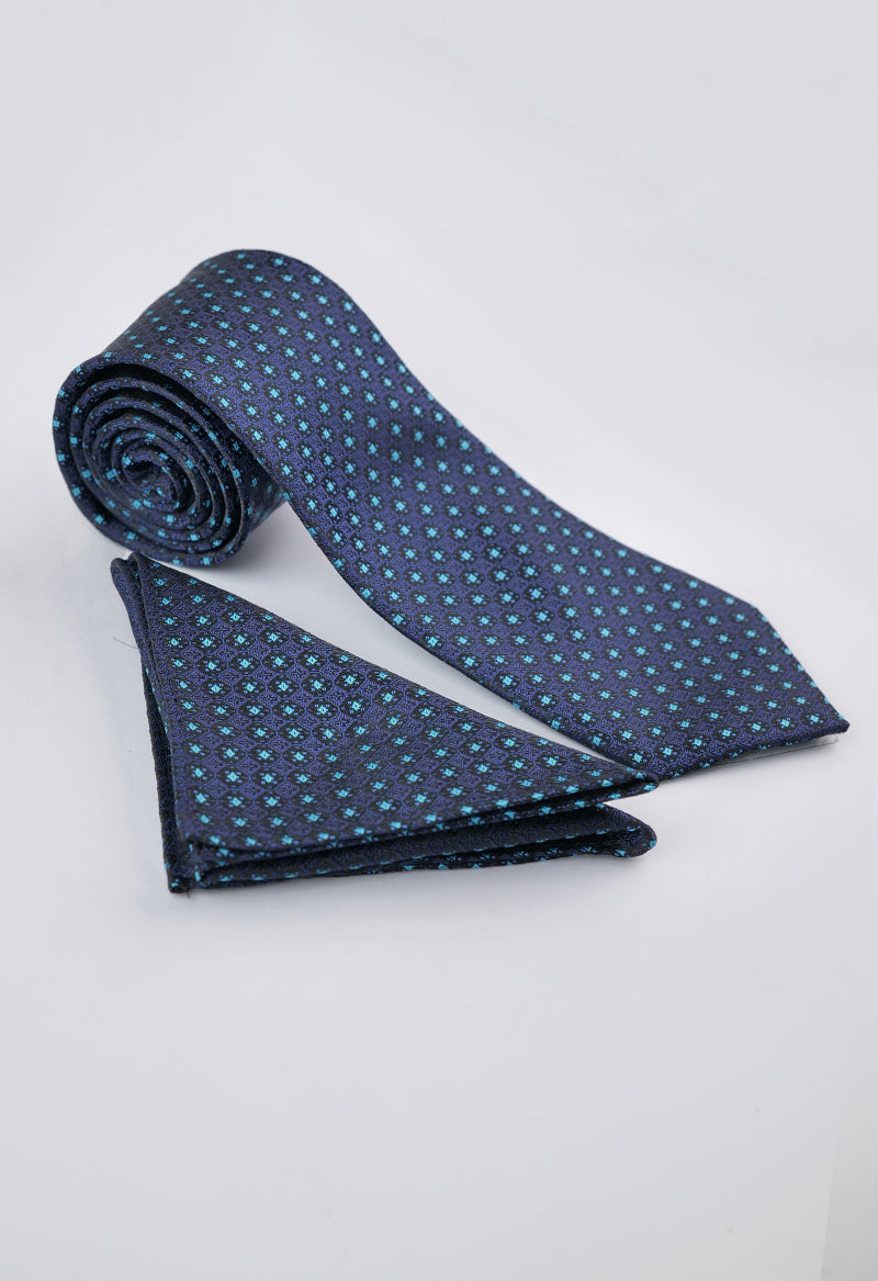 Navy Turquoise Medallion Necktie & Pocket Square Set