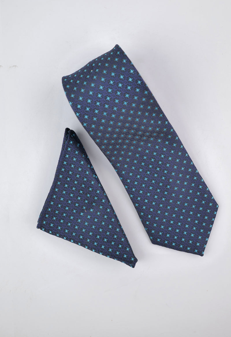 Navy Turquoise Medallion Necktie & Pocket Square Set