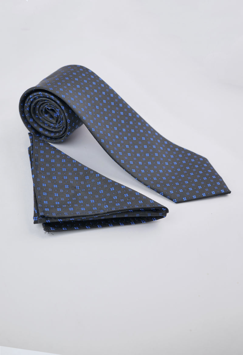 Charcoal Blue Micro-Floral Necktie & Pocket Square Set