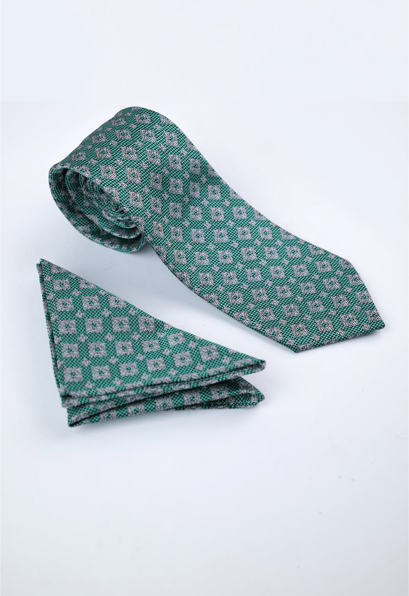 Emerald Silver Geometric Necktie & Pocket Square Set