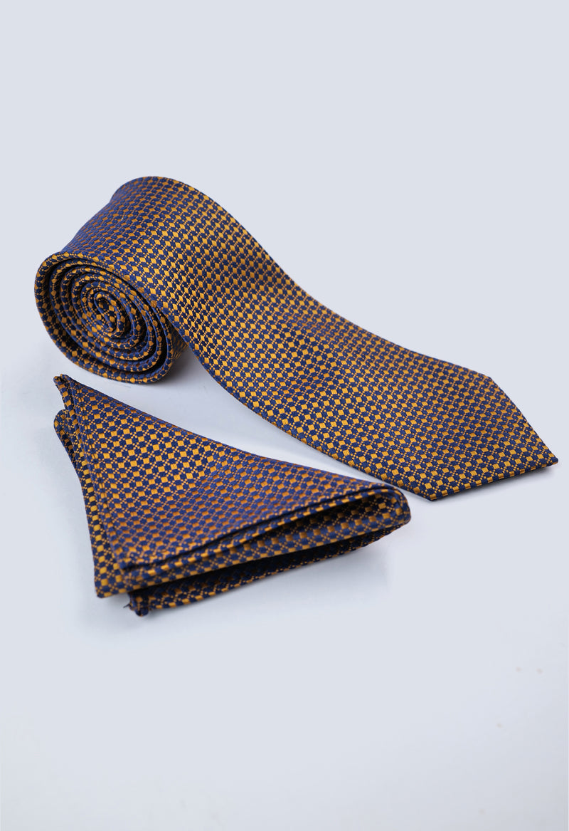 Navy Gold Geometric Necktie & Pocket Square Set