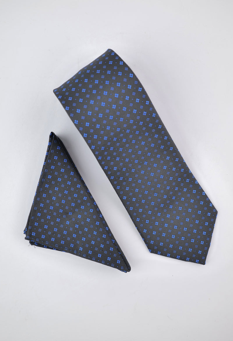 Charcoal Blue Micro-Floral Necktie & Pocket Square Set