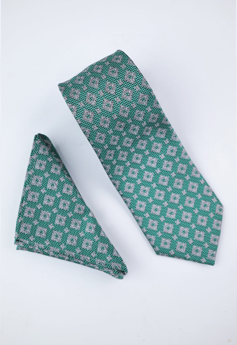 Emerald Silver Geometric Necktie & Pocket Square Set
