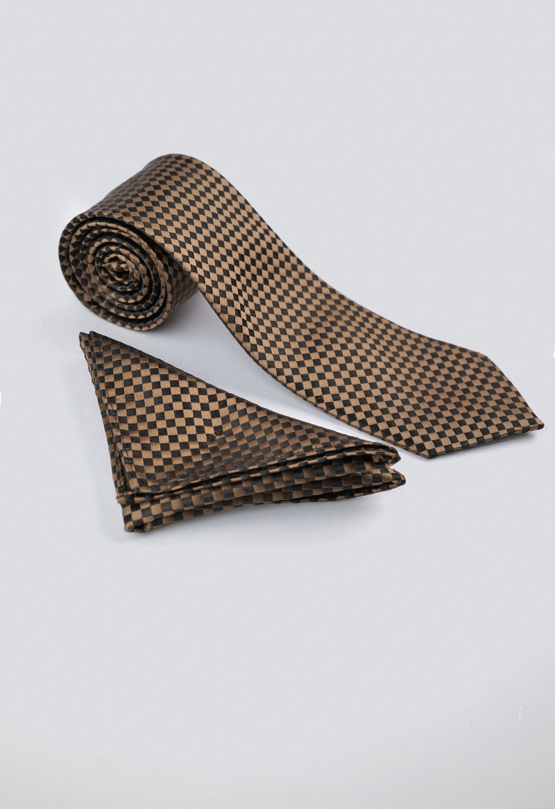 Brown Checkerboard Necktie & Pocket Square Set