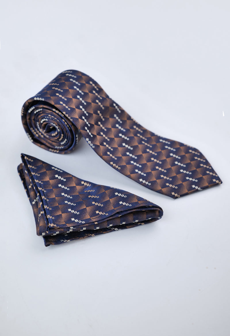 Bronze Navy Diamond Necktie & Pocket Square Set