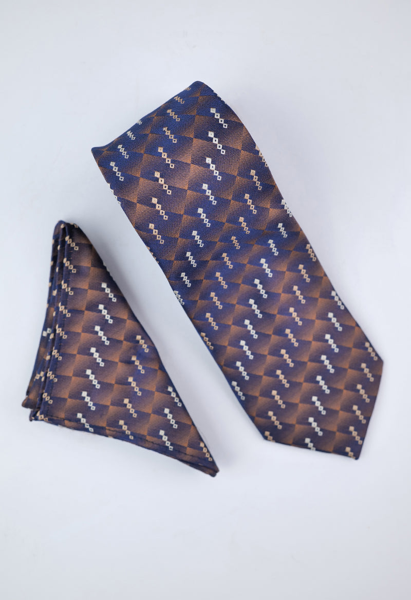 Bronze Navy Diamond Necktie & Pocket Square Set
