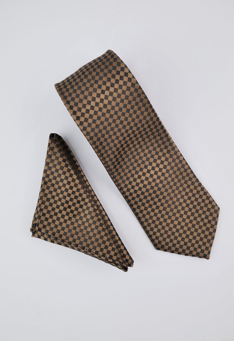 Brown Checkerboard Necktie & Pocket Square Set