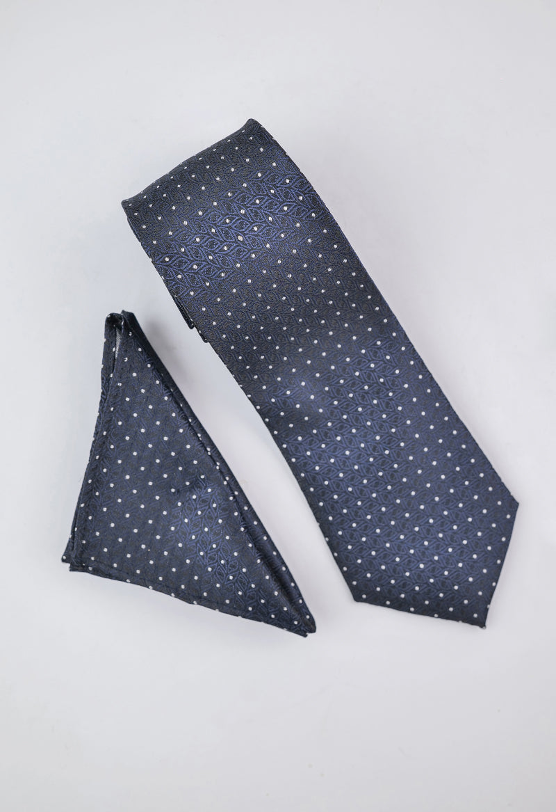 Midnight Navy Leaf Motif Necktie & Pocket Square Set