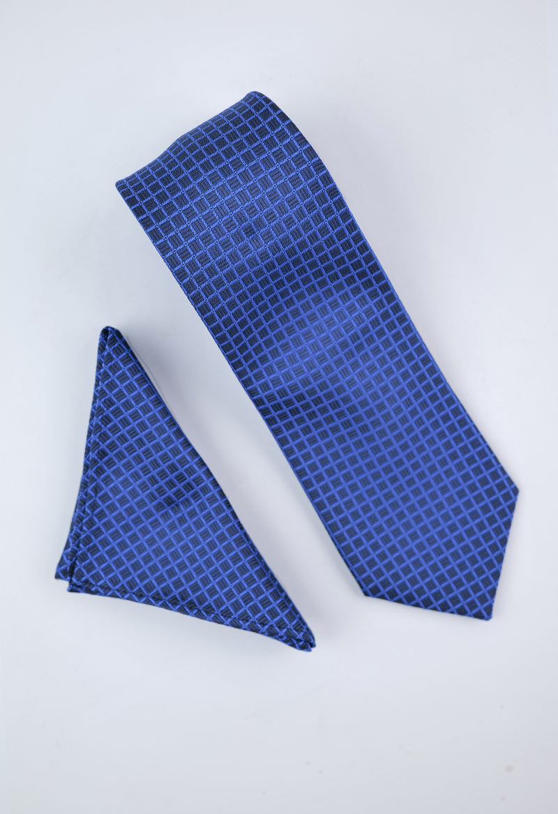 Royal Blue Grid Necktie & Pocket Square Set