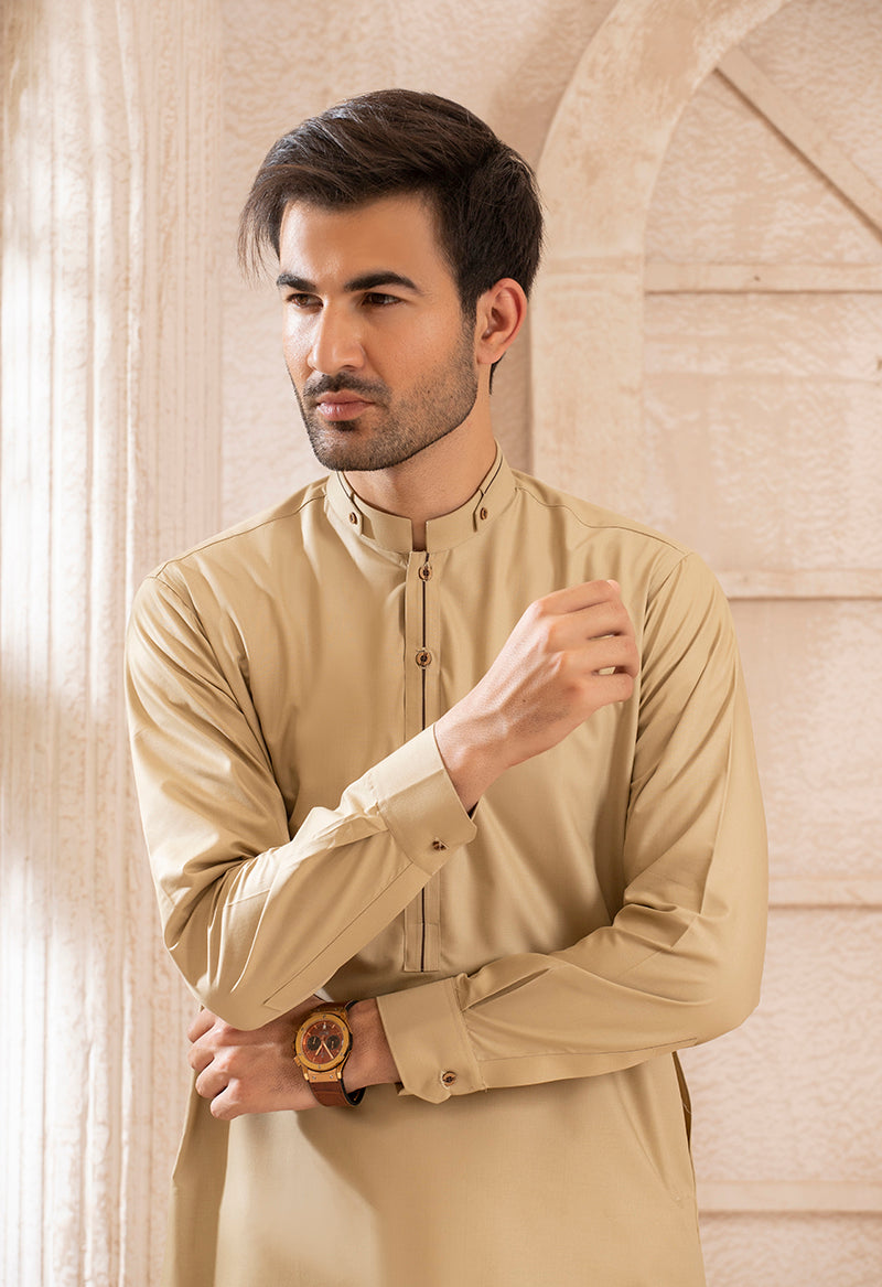 Khaki embroidered suit (Band collar)